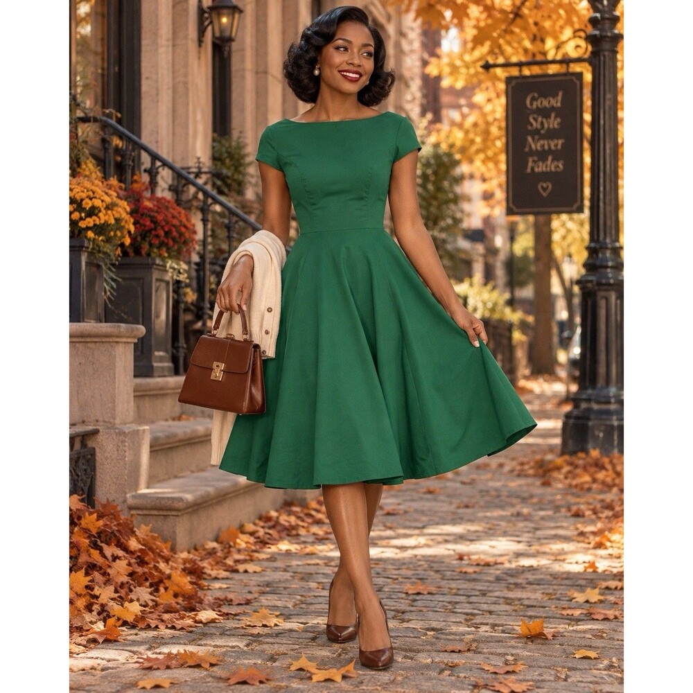 Dressystar Women’s Green Fit & Flare Midi Dress Cap Sleeve Stretch